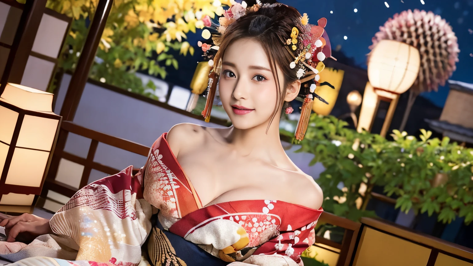 (8K、RAW Photosgraphy、Highest quality、masterpiece:1.2)、(Realistic、Realistic:1.37)、Ultra-high resolution、One Girl、cute、alone、night、Sitting、date、(Nose redness)、(Laughter:1.1)、(Closed)、Huge 、Beautiful Eyes、(short hair:1.2)、(((Fireworks bursting into the sky、night)))、(((kimono、yukata)))、Cleavage、Perfect body、Perfect Fingers、Professional Lighting、Japanese Goddess、gravure、Detailed face and skin texture、fine grain、RAW Photos