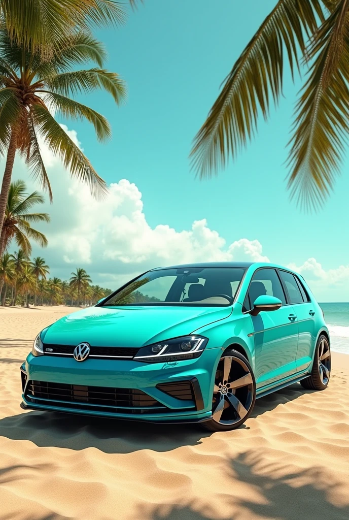 Turcise volkswagen golf on the sand near palms