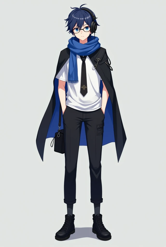 100 feet,white tshirt,black small mini coat wearing,big white headphone,blue eyes,anime,black shoes,black pants,circle round glass,age 23,blue colour maflar, small blue cloak,black tie,boy