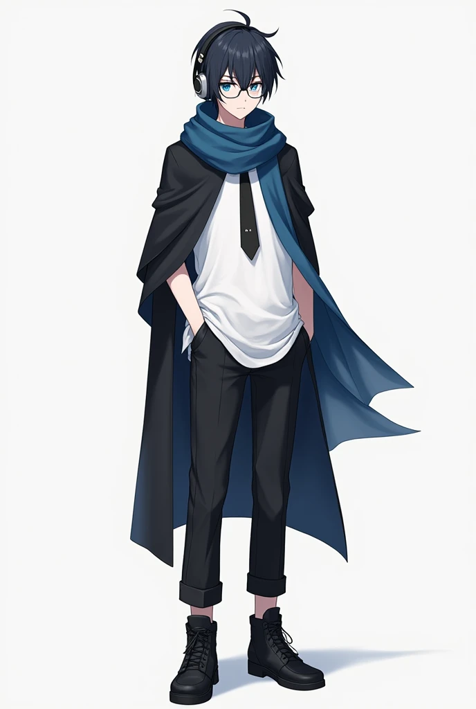 100 feet,white tshirt,black small mini coat wearing,big white headphone,blue eyes,anime,black shoes,black pants,circle round glass,age 23,blue colour maflar, small blue cloak,black tie,boy