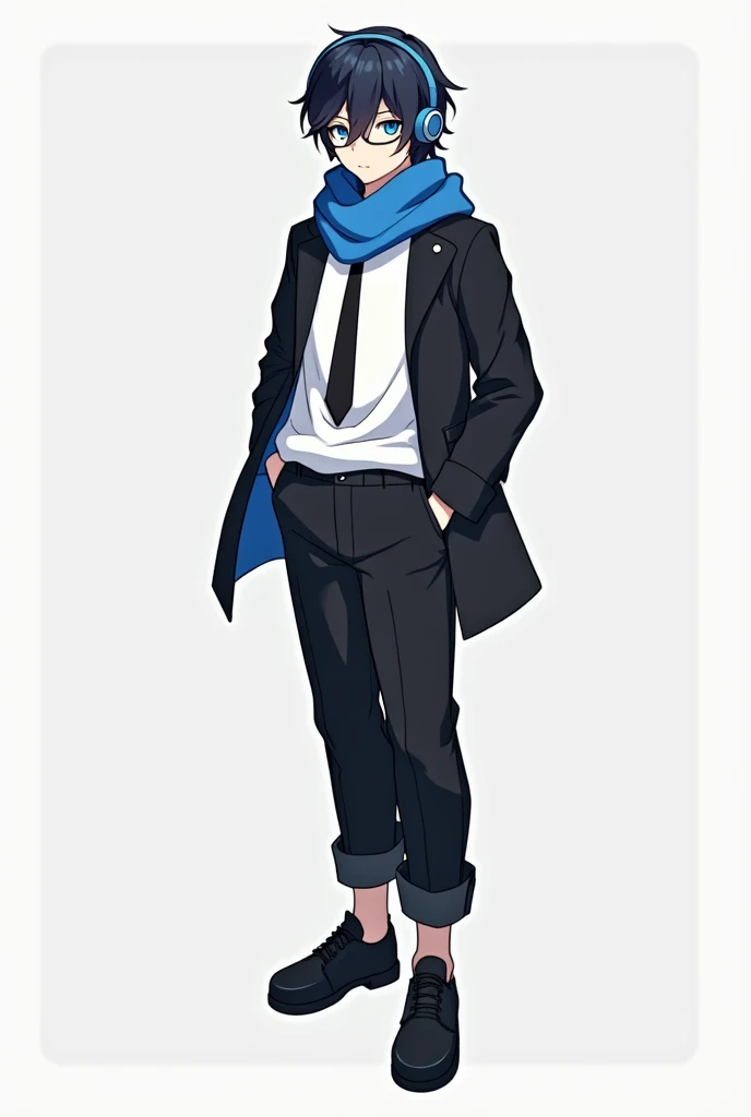 100 feet,white tshirt,black small mini coat wearing,big white headphone,blue eyes,anime,black shoes,black pants,circle round glass,age 23,blue colour maflar, small blue cloak,black tie,boy