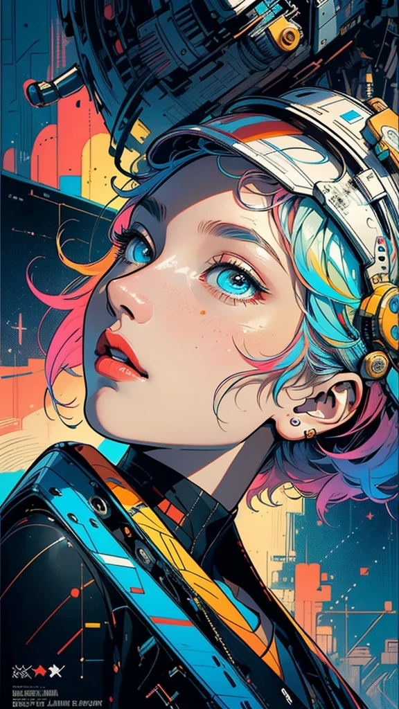 (((masterpiece, highest quality))),(((solo:1.2))),(((1girl:1.2))),32k wallpaper, very detailed, poster, vintage science fiction,(((((geometric cinematic movie poster))))), (bauhaus), shape,(((abstract))),(mid century modern),movie poster,(((((portfolio))))),(((((Close-up))))),(((((bust up))))),((((more various angle)))),(((highlight))),Vast landscape,((((heterochromia)))),(((complete. detailed face))),(((Extremely talented))),(((most complecated machine))),Colorful color scheme
