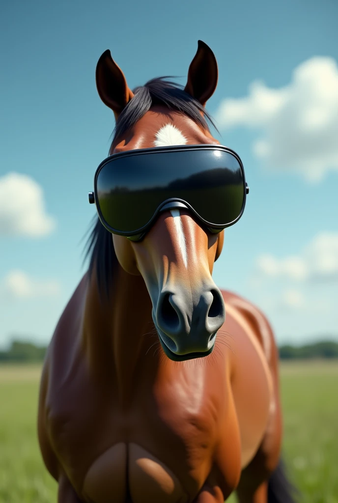 A horse wearing a black goggles