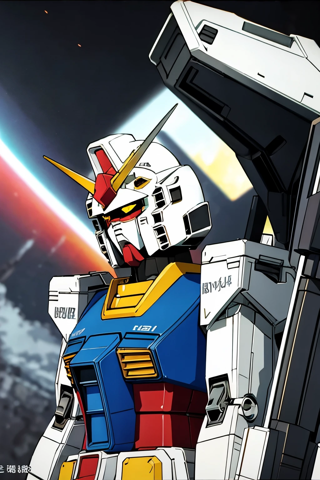 （（（Highest quality、first class、masterpiece、Normal body、8k、Detailed face、Ultra-precision、normal hand、Normal refer to、５refer to、Highest）））、Gundam、Gundam、RX-78、Mobile Suit、Humanoid general-purpose mobile weapon、Tricolor color、Twin Mono Eye、universe、上にビームライフルを撃つ