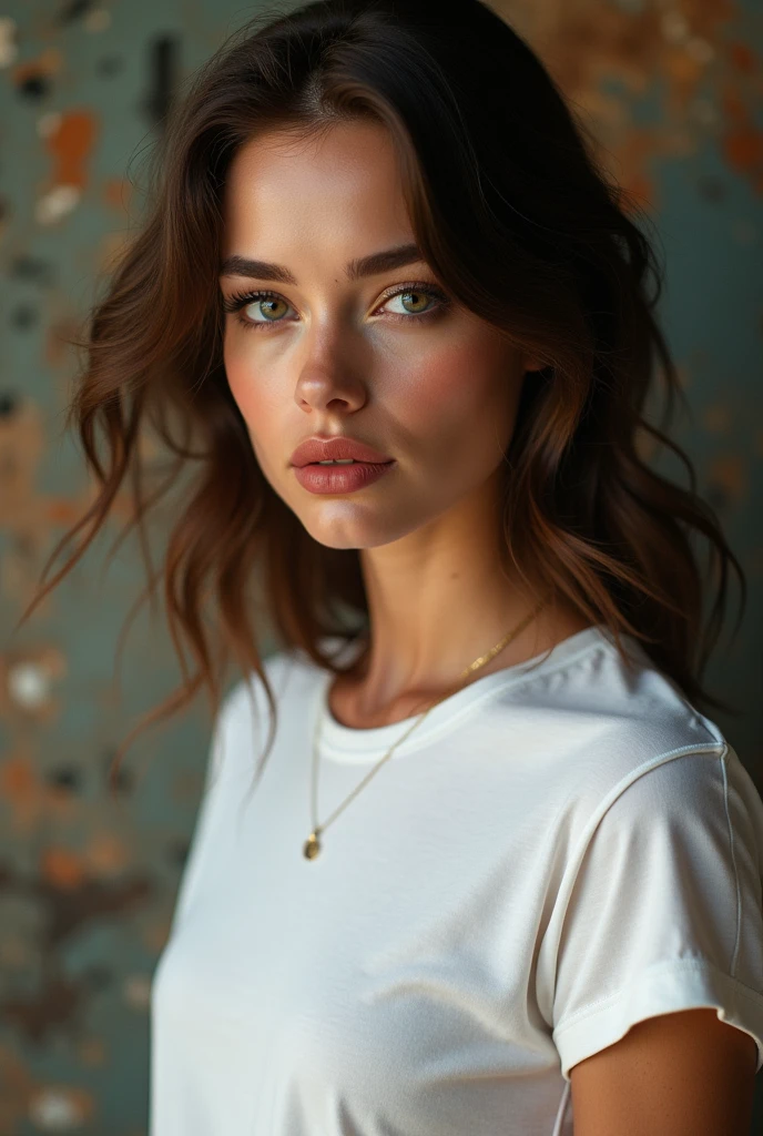 A female model wearing a white t-shirt, posing in various dynamic poses, (best quality,4k,8k,highres,masterpiece:1.2),ultra-detailed,(realistic,photorealistic,photo-realistic:1.37),beautiful detailed eyes,beautiful detailed lips,extremely detailed eyes and face,longeyelashes,photorealistic portrait,fashion photography,vibrant colors,dramatic lighting,intricate background with text "KABIRAN Styles" in english