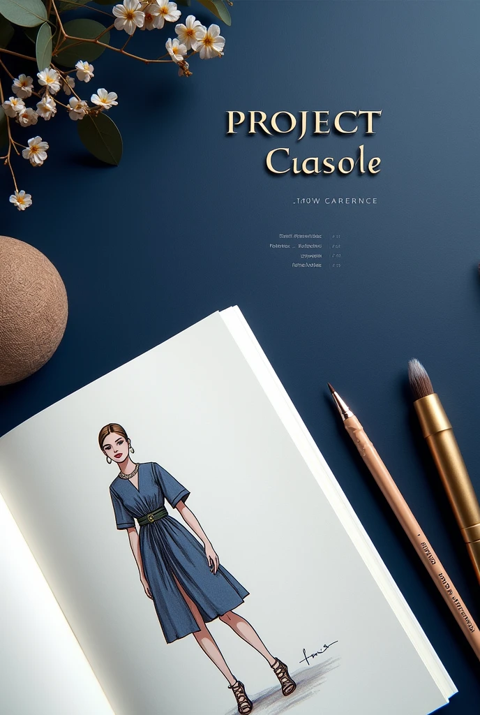 A classy and trendy background with the company name "Project Fashion Designer" in dark blue with gold details. The top part is blank larger than the bottom. has a classy design with a delicate illustration of a fashion sketch.