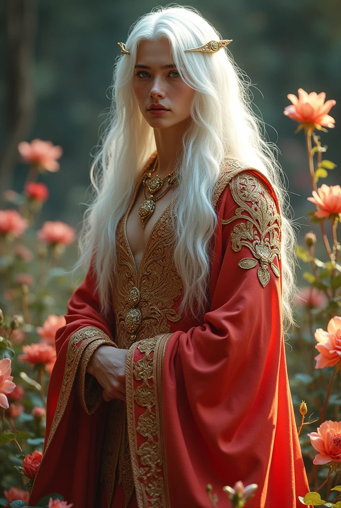 Young man, solo, (((gold and red dress))), flowers, jewelry, long sleeves, wide sleeves, chinese clothes, hanfu, embroidery, long skirt, long flowing white hair, detailed face, detailed beautiful blue eyes, (intricate:1.3), (arcane aura:1.2), (dreamlike: 1.3), (subtle mist:1.1), (vibrant colors: 1.2), (detailed hair:1.3), (ultra realistic details:1.5),