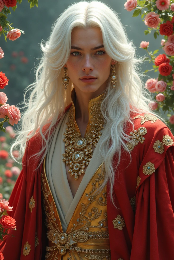 Young man, solo, (((gold and red dress))), flowers, jewelry, long sleeves, wide sleeves, chinese clothes, hanfu, embroidery, long skirt, long flowing white hair, detailed face, detailed beautiful blue eyes, (intricate:1.3), (arcane aura:1.2), (dreamlike: 1.3), (subtle mist:1.1), (vibrant colors: 1.2), (detailed hair:1.3), (ultra realistic details:1.5),