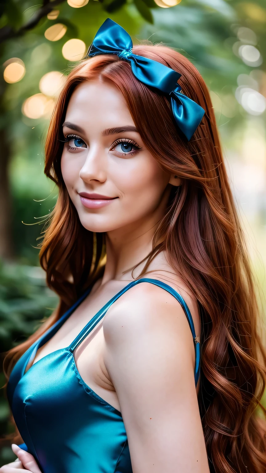 Realistic full body photo of a smiling, Young red-haired girl with long hair, She dances in front of the camera in a long two-tone A-line bridesmaid dress with straps made of shiny blue and red satin.,Purple bow, Park,glamour fotoshooting, Wedding celebration, perfect anatomy, perfect green eyes. Perfect hands with 5 fingers on each hand, Matching girl, looking at the camera, 1 Frau. (Eye make up:1.1), (highly detailed skin:1.1), spirit, analog style, keen focus, 8K  UHD, dslr, good quality, Fujifilm XT3, Grain, Award-winning, ​masterpiece. Wedding celebration