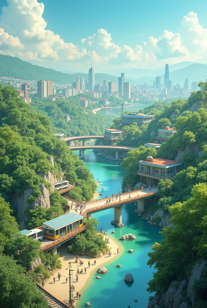 Show me a world that show a lively and green city with solar panels. Public transportation consists of clean, electric buses and trains, and eco friendly.
Surrounding the city, beautiful parks and forests thrive, with clear rivers and clean oceans visible in the distance. Wildlife roams freely, and natural landscapes are preserved and respected. The sky is clear, and people from diverse backgrounds engage in community activities and conservation efforts.
This scene captures a balance between modern technology and natural beauty, illustrating a world where sustainability and innovation coexist harmoniously. And with highlighting the unity of people around the world.