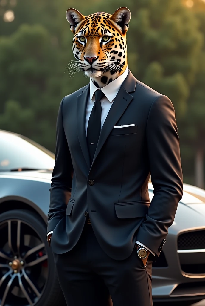 Jaguar with suit and stand next to a luxuary car