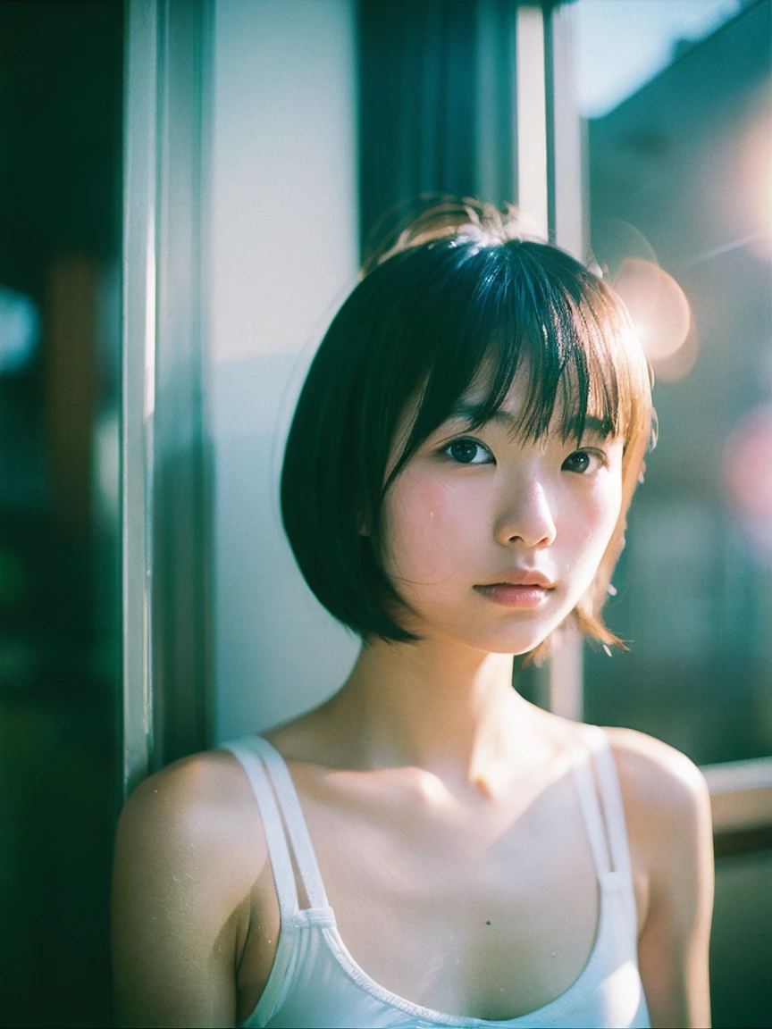 Japanese women, In underwear、Sweaty shiny skin、Young Face, Bob Cut Hair, morning, window, Incomplete details, Shooting with Leica, analog, 35mm:: (Artistic light leakage:1.4), Lens flare::4 - Style Row - AR 2:3 --s 150 --c 4