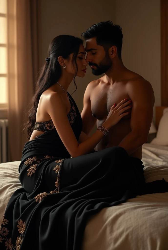 Indian girl wearing sexy black saree siting on the bed with one boy