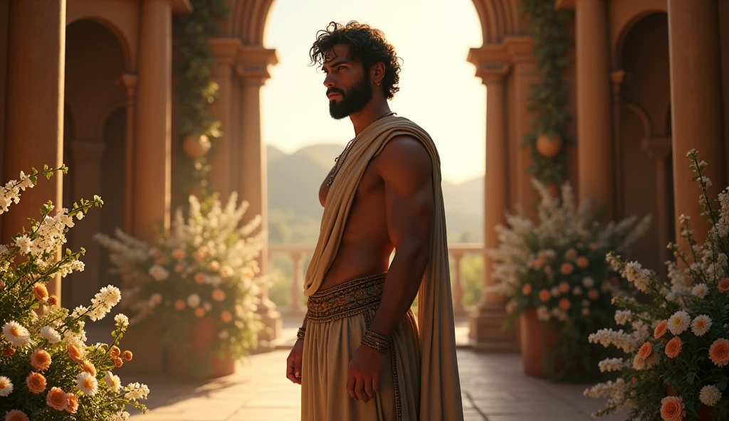 a young greek Shepherd with beard with a little masculine body in a wedding background renaissance , cinematic 