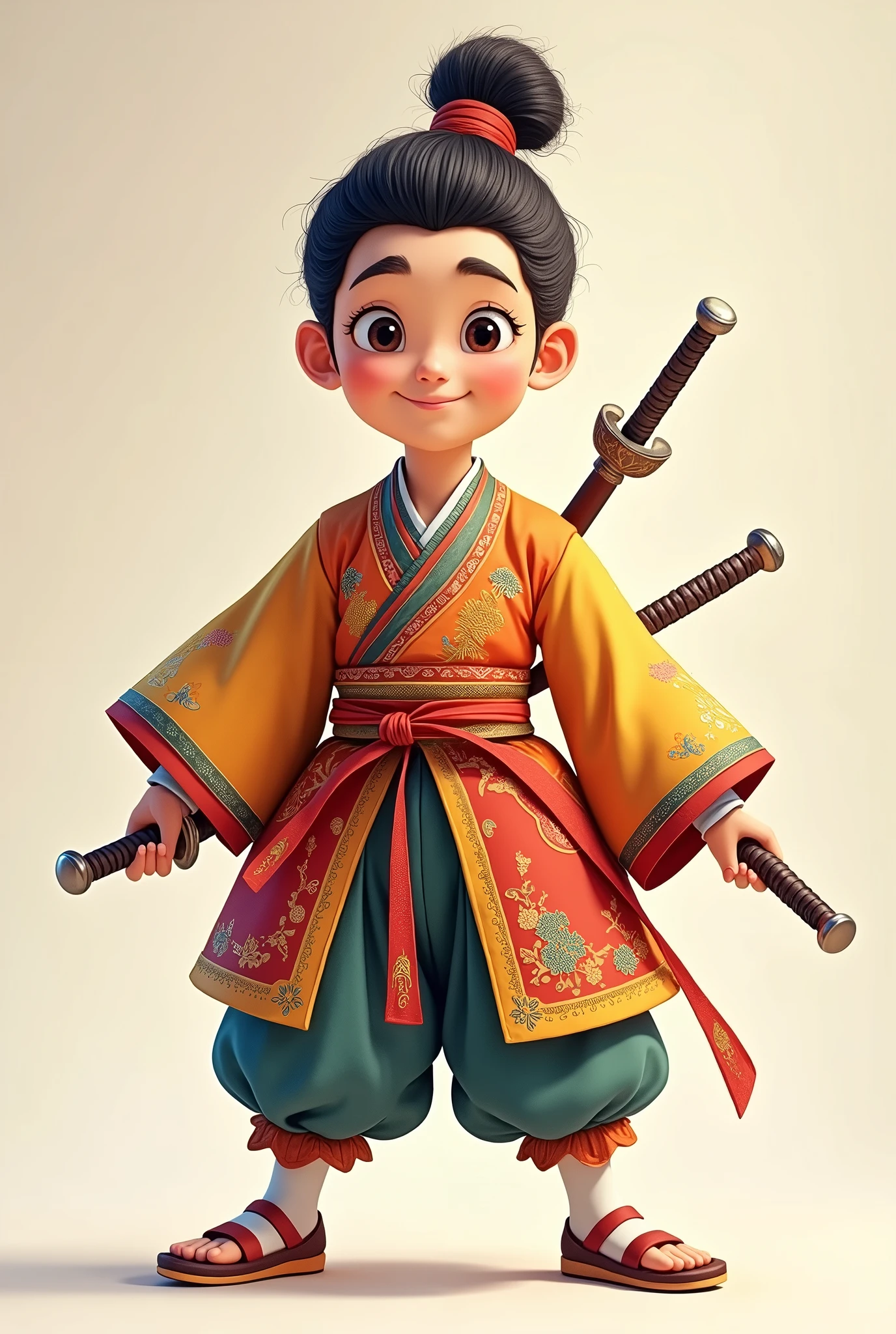 " Please design the front and back views of a traditional Korean warrior in Pixar style.. The warrior should be portrayed in a playful and lively manner.. He is wearing a hanbok, a traditional Korean costume., He is holding a sword in one hand.. His hair is in a topknot.. korean, t pose"