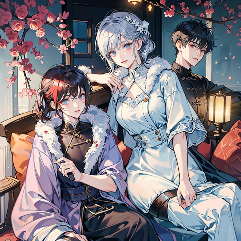 a man wearing a white shirt,
around twenty-five years old,
With short silver hair and a crazy feeling,
Sitting on the KTV sofa under colorful lights,
Two beauties were sitting next to them,
holding two women,
And behind him stood three beautiful women,
Smile,
Bright colors,
The painting style is clean and neat,
Best image quality,
high detail,
Ultra-high resolution,
8K resolution,
Korean comic style,
illustration style,
two yuan,
Fine lines chiaroscuro 00001