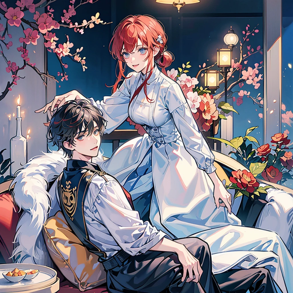 A man wears a white shirtI have short red hair.
About twenty-five years old, with short silver hair and a crazy feeling, sitting on a KTV sofa under colorful lights, with two beautiful girls sitting beside him, holding two girls, and three beautiful girls standing behind him, smiling.,
bright colors,
The drawing style is clean, the best image quality, high detail, ultra-high resolution, 8K resolution.,
Korean style manga, illustration style, two yuan, detailed lines, Chiaroscuro 00001