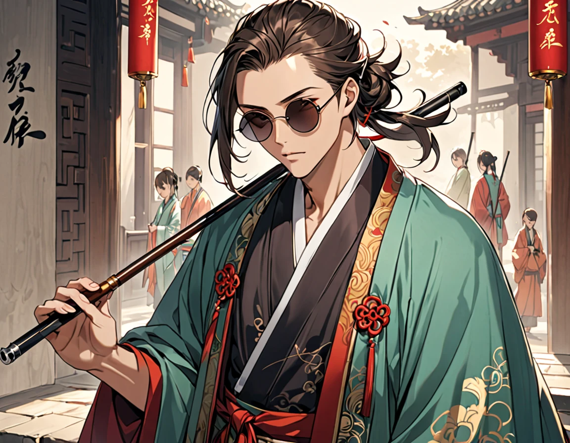 Beautiful man、Hairstyle with forehead、Wearing round sunglasses、Holding a pipe、Chinese clothing、A haori draped over one&#39;s shoulders、sexy