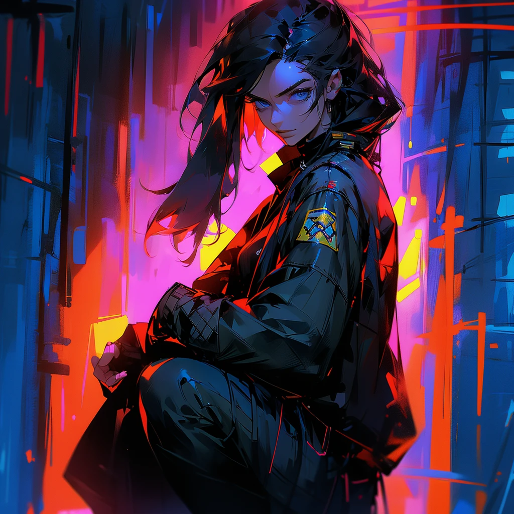 black hair, long hair, straight hair, male, man, blue eyes, tall, wiry, jacket, choker, armband, long boots, belt, waist pouch, with a black bandage, delicate facial features, toned, cyberpunk, inside, in the subway, determined, half body photo, upper body, face, write smile