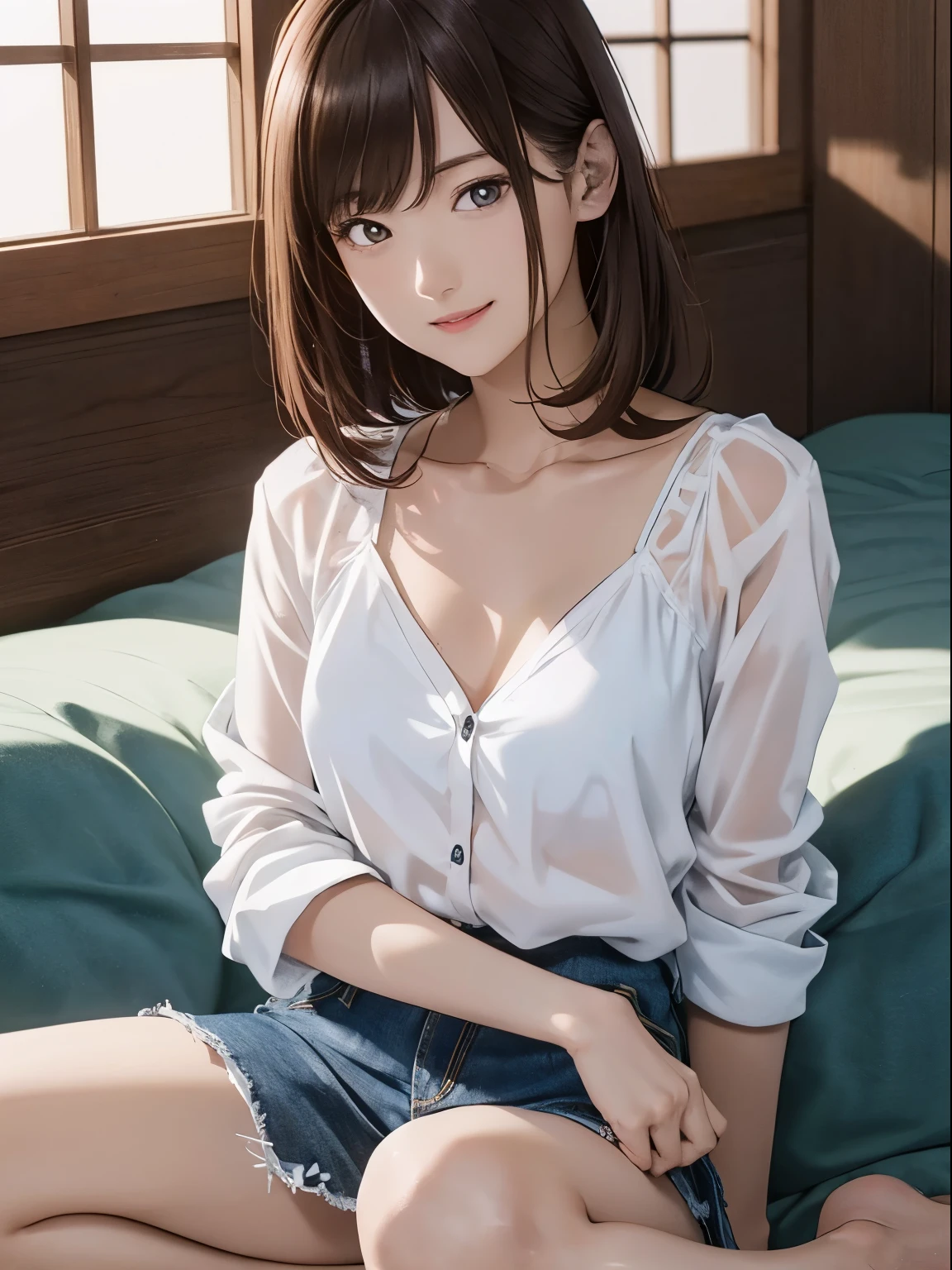 High resolution, 8k, Highest quality, detailed, Semi-realistic anime, Anime 3D Style, Smooth anime CG, One Girl, A 20-year-old Japanese woman, slim, Modeled, Shiny brown hair, detailedな顔, Beautiful and detailed, Glowing Skin, Hard Focus、Film Grain, Soft lighting, Looking at the audience, Laughter, (A woman wearing a simple blouse and jeans), Early summer plateau、A single flower blooming in a meadow under a clear blue sky