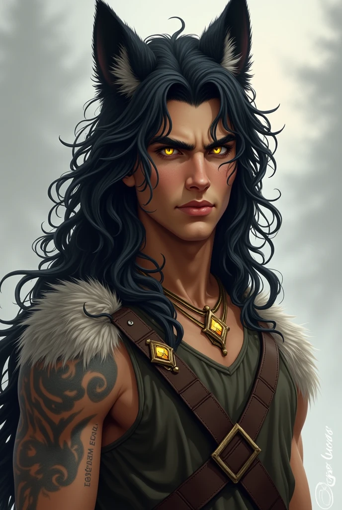 External characteristics: Ezra is a tall and strong young man with tanned skin patterned like a wolf&#39;s fur, which shows through as light grey streaks on his face and one arm. His hair is long, jet black, and slightly curly. He has large black wolf ears on his head. His face has sharp outlines, yellow eyes that glow with light, and he often wears clothing that is in harmony with nature, such as leather clothing and equipment made from natural materials. Personality Traits: Ezra is a person with a sense of leadership and understanding. He has a high level of loyalty and will protect his friends and those he loves with all his might. Although he appears dignified and serious, he often brings humor and warmth to conversation.