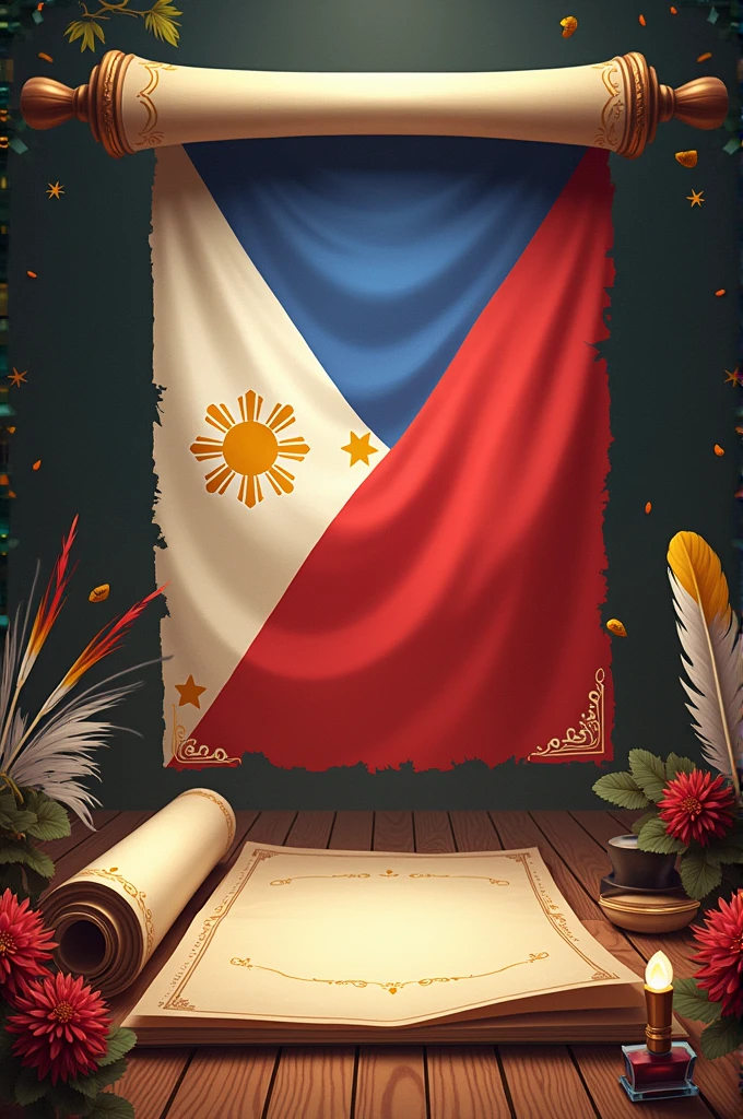 Philippine Language Month
Philippine flag, scrolls and feather inks