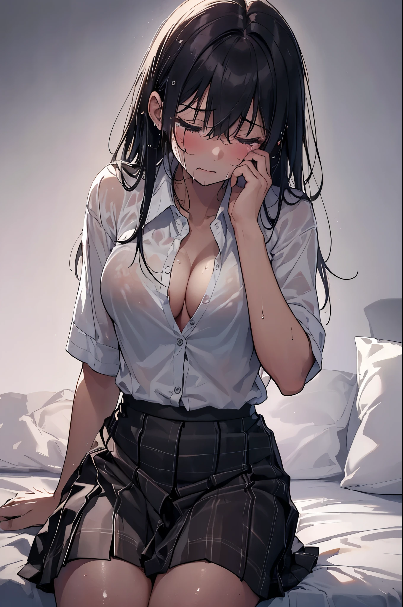 ((sitting bed)), ((girl crying loudy)), ((((girl cry a lot)))), (((opened mouth))), (closed eyes), ((((hand Rubbing one's eyes)))), (((Tearful expression))), ((((many tears)))),
((Highschool uniform)), (white shirt), (see-through), (short sleeves), (waist skirt), (Black plaid skirt), (((undressing shirt))), (((open buttons shirt))), (((Half-naked))), ((breast cleavage)), ((stomach)),
((bed room)), (night lamp), (((darkened room))),(sweat), (wet skin), ((erotic)), ((sensual)), (((simple background))), (Close-up of a girl), warm color scheme, Extremely exquisite body, beautiful detailed glow, cinematic lighting, 4K illustration, masterpiece, best quality, by top artist, by famous artist, by plo artist, Authentic shiny skin texture, Soaked skin, radiant skin,