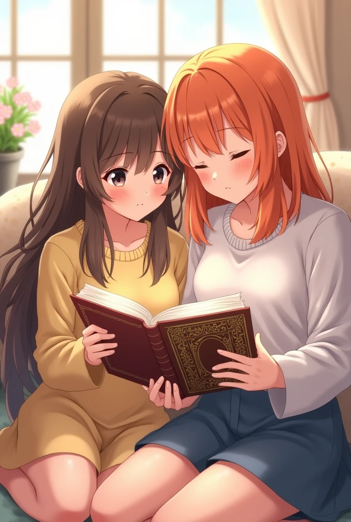 Two anime style softy friends looking at each other one of the girls has long brown hair and the other girl has long orange hair, They are reading a book
