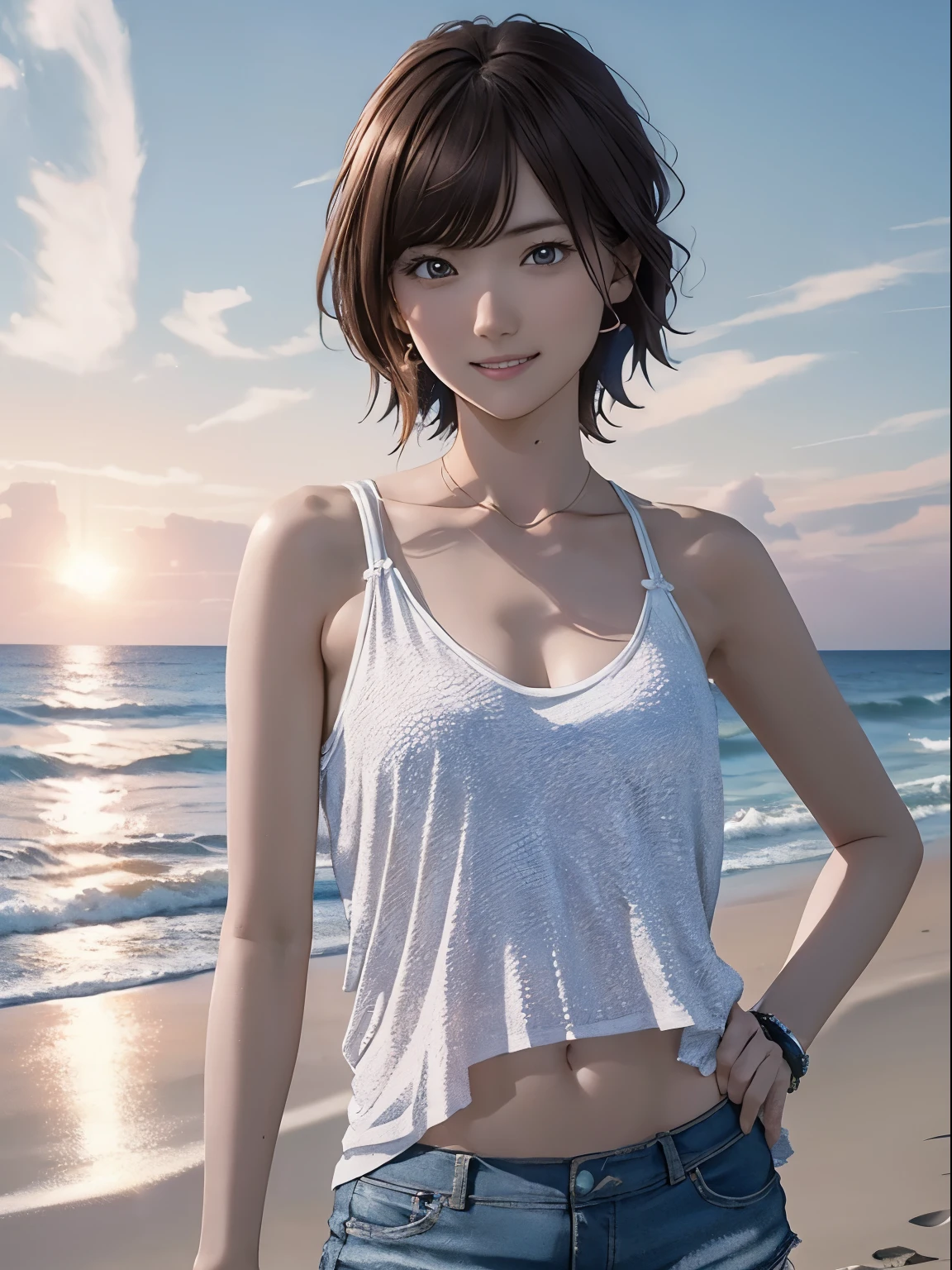 High resolution, 8k, Highest quality, detailed, Semi-realistic anime, Anime 3D Style, Smooth anime CG, One Girl, A 20-year-old Japanese woman, slim, Modeled, Shiny brown hair, detailedな顔, Beautiful and detailed, Glowing Skin, Hard Focus、Film Grain, Soft lighting, Looking at the audience, Laughter, (A woman wearing a casual tank top and shorts), Beach with the sun setting over the ocean、People playing on the edge of the waves々