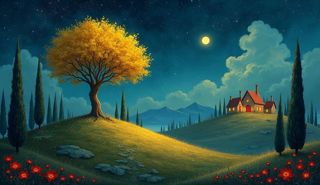 a whimsical painting, whimsical art, dreamlike landscape painting set under a deep, starlit night sky. The scene features a large, golden tree with delicate, glowing yellow flowers that stands prominently on a rolling hill. Surrounding the hill are tall, slender cypress trees and vibrant red flowers that scatter across the foreground, adding warmth and color to the dark, blue-green environment. In the distance, three quaint houses with red doors and warm, glowing windows are nestled among the trees, with soft, glowing light emanating from them. The background includes misty mountains and wispy clouds that add depth and a sense of wonder to the scene. The overall style is surreal and fantasy-like, with intricate details and a rich color palette dominated by deep blues, warm reds, and golden yellows 