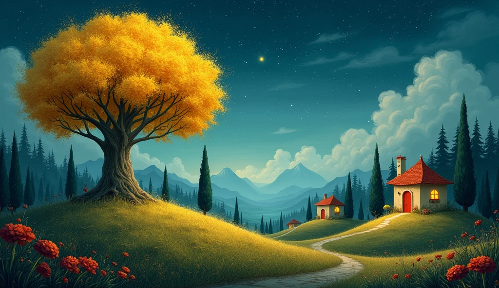 a whimsical painting, whimsical art, dreamlike landscape painting set under a deep, starlit night sky. The scene features a large, golden tree with delicate, glowing yellow flowers that stands prominently on a rolling hill. Surrounding the hill are tall, slender cypress trees and vibrant red flowers that scatter across the foreground, adding warmth and color to the dark, blue-green environment. In the distance, three quaint houses with red doors and warm, glowing windows are nestled among the trees, with soft, glowing light emanating from them. The background includes misty mountains and wispy clouds that add depth and a sense of wonder to the scene. The overall style is surreal and fantasy-like, with intricate details and a rich color palette dominated by deep blues, warm reds, and golden yellows