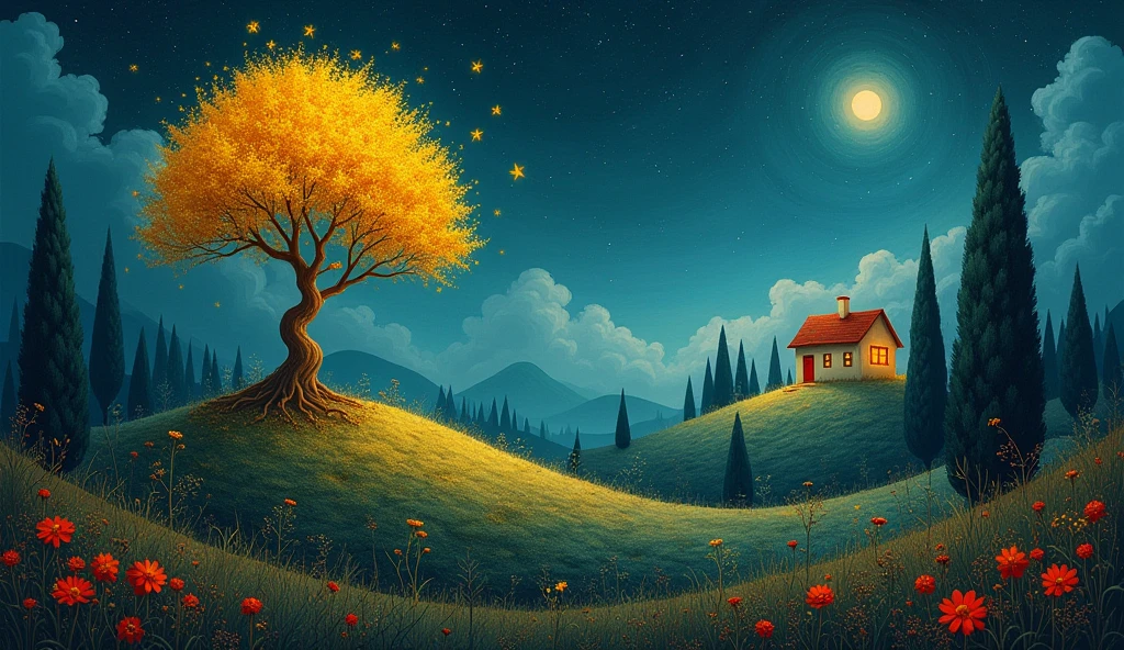 a whimsical painting, whimsical art, dreamlike landscape painting set under a deep, starlit night sky. The scene features a large, golden tree with delicate, glowing yellow flowers that stands prominently on a rolling hill. Surrounding the hill are tall, slender cypress trees and vibrant red flowers that scatter across the foreground, adding warmth and color to the dark, blue-green environment. In the distance, three quaint houses with red doors and warm, glowing windows are nestled among the trees, with soft, glowing light emanating from them. The background includes misty mountains and wispy clouds that add depth and a sense of wonder to the scene. The overall style is surreal and fantasy-like, with intricate details and a rich color palette dominated by deep blues, warm reds, and golden yellows