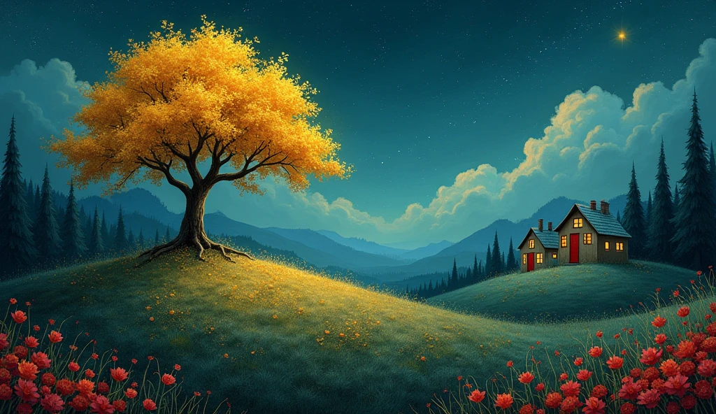 a whimsical painting, whimsical art, dreamlike landscape painting set under a deep, starlit night sky. The scene features a large, golden tree with delicate, glowing yellow flowers that stands prominently on a rolling hill. Surrounding the hill are tall, slender cypress trees and vibrant red flowers that scatter across the foreground, adding warmth and color to the dark, blue-green environment. In the distance, three quaint houses with red doors and warm, glowing windows are nestled among the trees, with soft, glowing light emanating from them. The background includes misty mountains and wispy clouds that add depth and a sense of wonder to the scene. The overall style is surreal and fantasy-like, with intricate details and a rich color palette dominated by deep blues, warm reds, and golden yellows 
