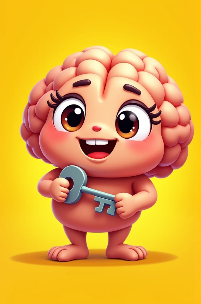 Make a logo with a yellow background with a cartoon brain with eyes and a mouth holding a cute key