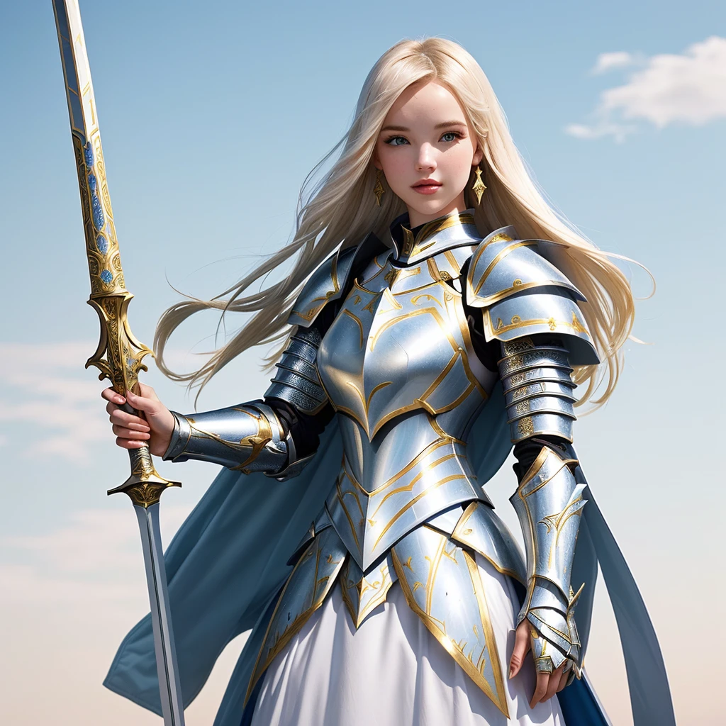 arafed woman in a porcelain white and gold outfit holding a sword, beautiful female knight, girl in knight armor, of a beautiful female knight, female knight, with sleek porcelain white and gold  armor, with sleek porcelain white and gold metal armor, full portrait of magical knight, sleek white and gold armor, white and gold armor, fantasy paladin woman, armor girl, female armor, dove cameron in a knight armor