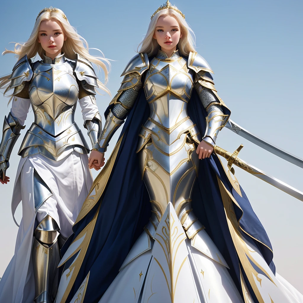 arafed woman in a porcelain white and gold outfit holding a sword, beautiful female knight, girl in knight armor, of a beautiful female knight, female knight, with sleek porcelain white and gold  armor, with sleek porcelain white and gold metal armor, full portrait of magical knight, sleek white and gold armor, white and gold armor, fantasy paladin woman, armor girl, female armor, dove cameron in a knight armor