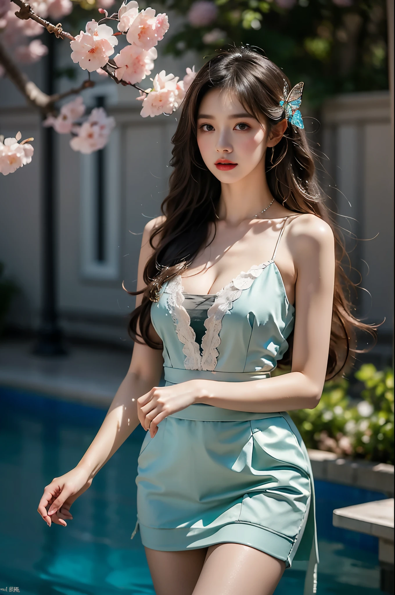  Beautiful dance, She gently lifted her skirt with one hand, Long legs , In the swimming pool, ((Flowing long hair))Official Art , Unity8k Wallpaper , Extremely detailed , Visible cleavage, Pretty and beautiful , 性感Long legs, masterpiece , best quality ,Practical, Very detailed illustrations ,Extremely detailed , Intricate details , Extremely complex and detailed , Very detailed 8KCG wallpaper , Caustics .reflection , Ray Tracing , Devil theme ,nebula ,Dark aura, Network Effects , (1 girl)solitary , 小蓝Butterfly , There are dozens of monarch butterflies around , (Blue plasma flame , (insect , Butterfly)) Pastel tones in Rococo style ,Light white and light dark red , Incredibly beautiful , Cherry blossoms , Surrealism ,painting , Ethereal , Mixing reality and fantasy elements ,Ray Tracing , Complex Mode , Exquisite lines , Perfect your hands, Starry Sky , rich and colorful , Star