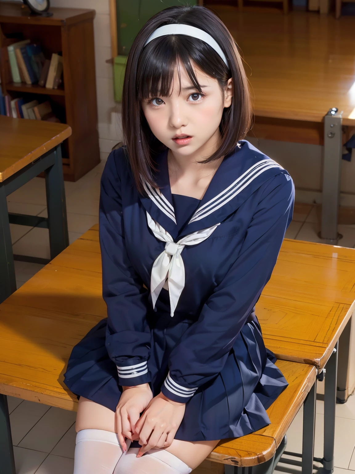 sailor suit, 8k, highest quality, masterpiece, Super detailed, ultra high resolution, realistic, RAW photo, absolute resolution, face is small compared to body, very small face, black hair,  navy blue sailor uniform, Dark blue skirt, 3D rendering, realistic young school girl, (white headband:1.4), small breasts, expensive, slanted eyes, (school scenery), black stockings, open your mouth, bob cut, position looking down from above, 