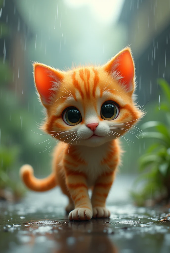 4D full body photo of a cute little cat so much crying walking in the Rainy we facing the viewer, cartoon, bright colors, octane rendering, popular on artstation, art photography, concept art, soft natural 3D cinematic perfect light, UHD no background