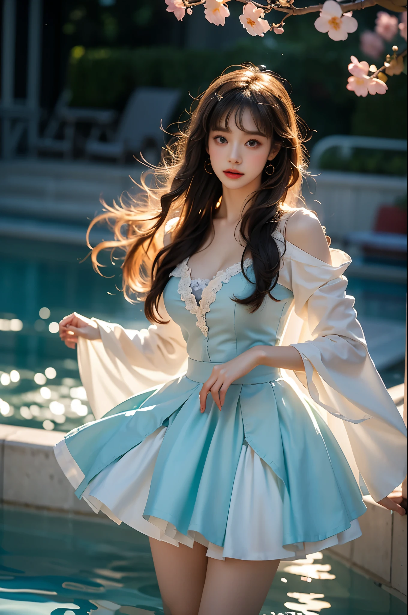  Beautiful dance, She gently lifted her skirt with one hand, Long legs , In the swimming pool, ((Flowing long hair))Official Art , Unity8k Wallpaper , Extremely detailed , Visible cleavage, Pretty and beautiful , 性感Long legs, masterpiece , best quality ,Practical, Very detailed illustrations ,Extremely detailed , Intricate details , Extremely complex and detailed , Very detailed 8KCG wallpaper , Caustics .reflection , Ray Tracing , Devil theme ,nebula ,Dark aura, Network Effects , (1 girl)solitary , 小蓝Butterfly , There are dozens of monarch butterflies around , (Blue plasma flame , (insect , Butterfly)) Pastel tones in Rococo style ,Light white and light dark red , Incredibly beautiful , Cherry blossoms , Surrealism ,painting , Ethereal , Mixing reality and fantasy elements ,Ray Tracing , Complex Mode , Exquisite lines , Perfect your hands, Starry Sky , rich and colorful , Star