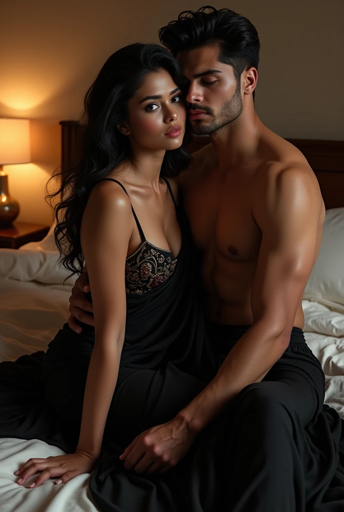 Indian girl wearing sexy black saree siting on the bed with one boy