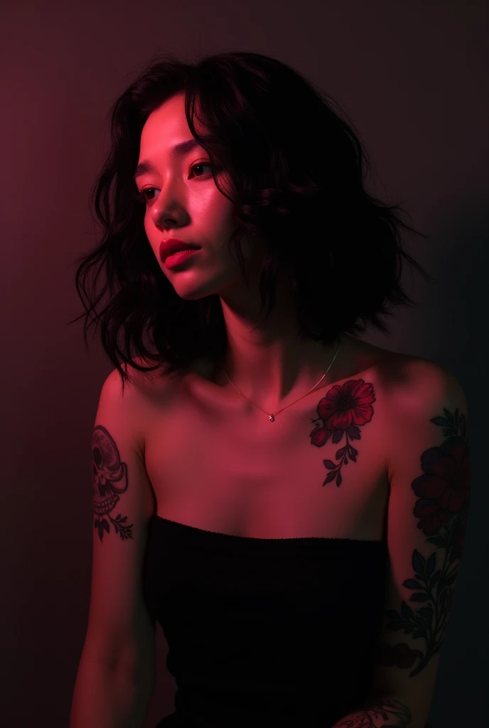 An image of a Asian woman with black curly hair, with flower tattoos on her shoulder tall and thin, sad, 3, thinking about an impossible love missing it, with piercing in the nose and mouth, with a skull tattoo on the right forearm and a tattoo bracelet on the left wrist with a black background with pink warm lights 