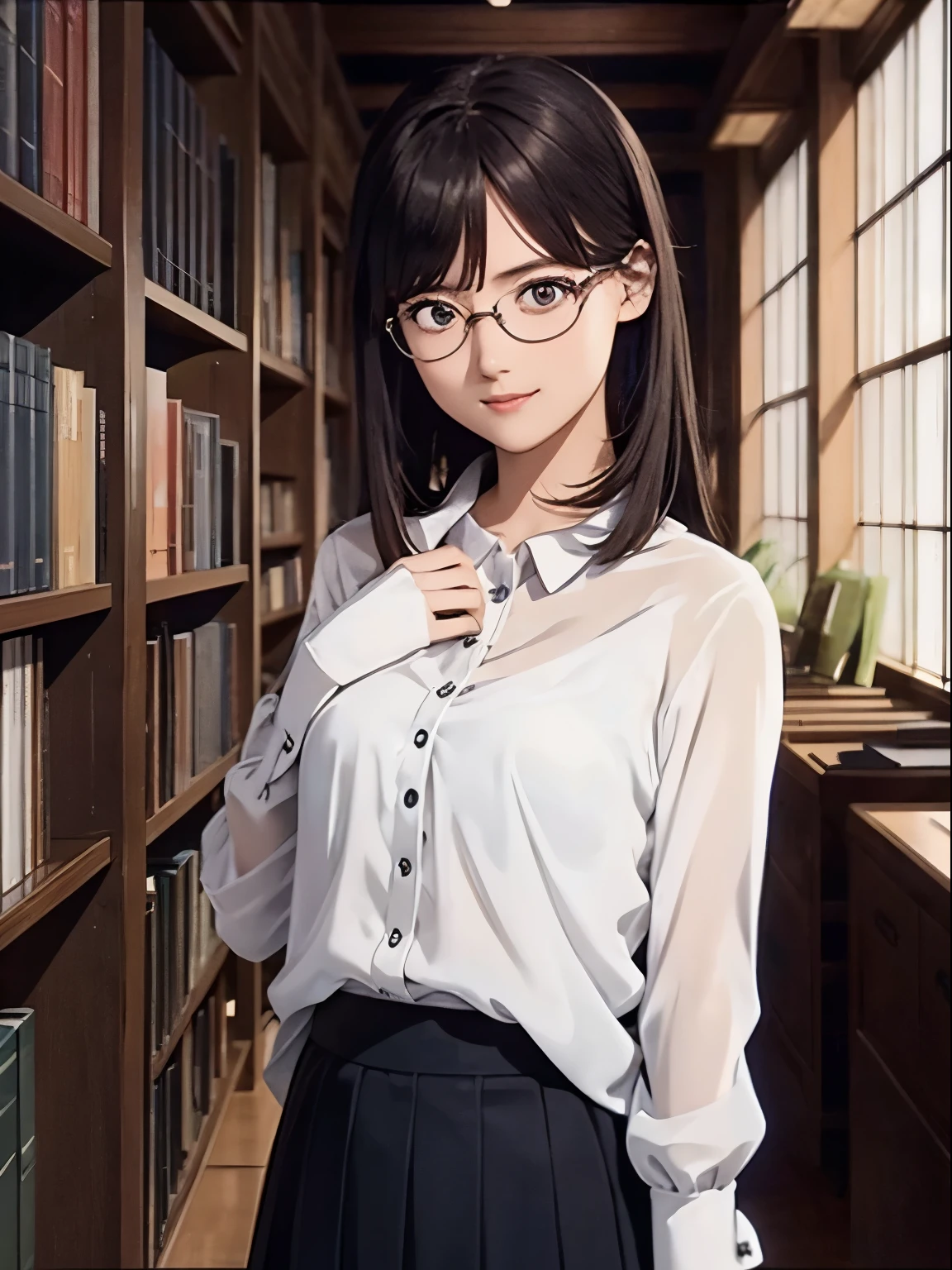 High resolution, 8k, Highest quality, detailed, Semi-realistic anime, Anime 3D Style, Smooth anime CG, One Girl, A 20-year-old Japanese woman, slim, Modeled, Shiny brown hair, detailedな顔, Beautiful and detailed, Glowing Skin, Hard Focus、Film Grain, Soft lighting, smile, (A long skirt and blouse that gives an intellectual impression、Glasses are the key), The interior of an old library with heavy wooden bookcases