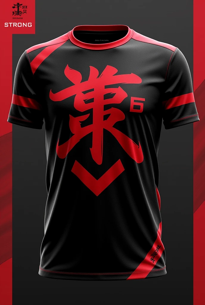 A black and red E sports squad t shirt with 强 as the squad logo