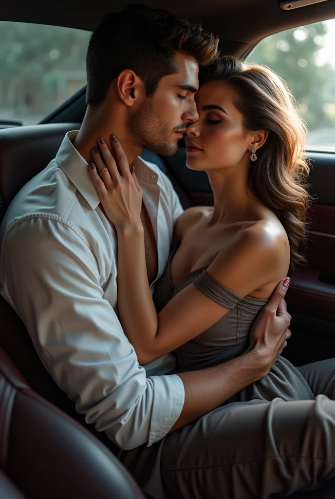 top angle image, realistic, Beautiful Indian woman and man, sitting at the back seat of car, romantic scene, soft natural lighting, wearing deep neck casual shirt and wearing a micro mini skirt, his hand is around her shoulder groping her breast, steamy romance, cinematic lighting