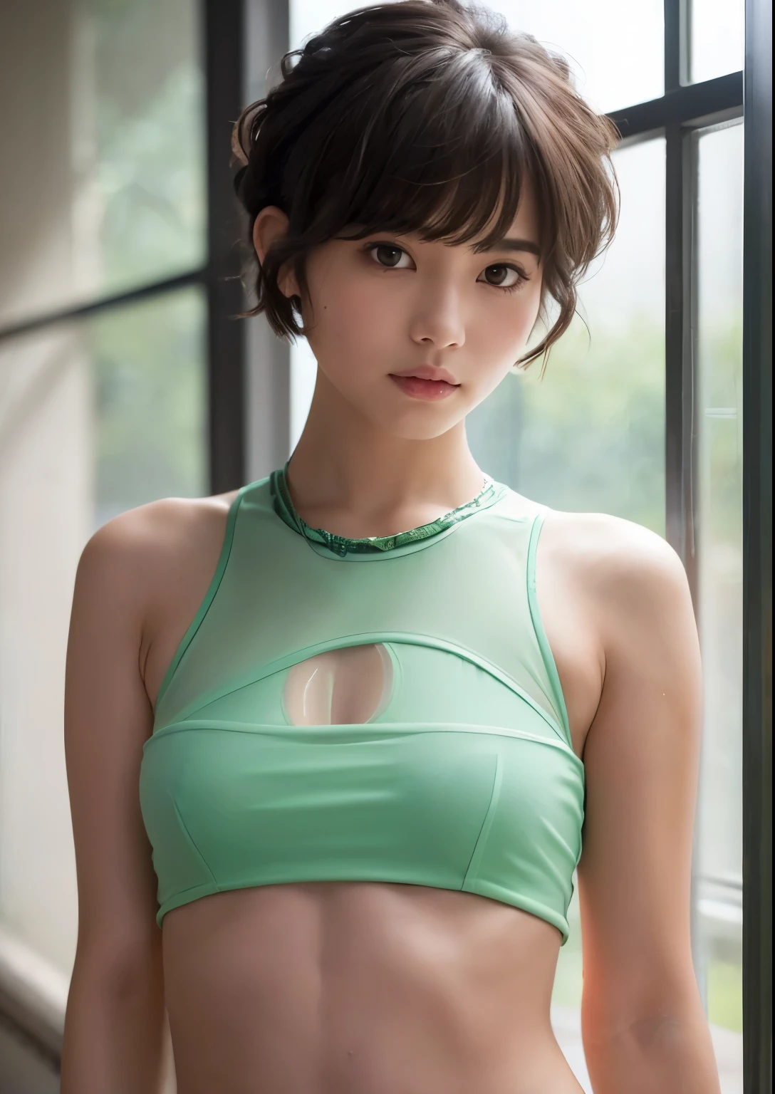 nsfw:1.2,(masterpiece), (Highest quality), {|Lady}, Looking at the audience, {Day|night}, {indoor|Outdoor}, {Natural Wave Short Hair|Shaggy Cut|Long and bold side bangs|Curly Hair|Neat ponytail|Sophisticated pixie cut|Twisted high top knot|Voluminous updo|undercut}、(see through:1.5)、(I want to see right down to my navel:1.5)