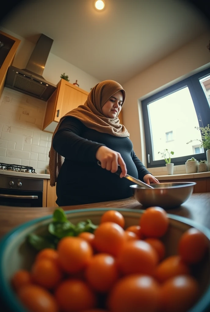 POV when in front of you is a stepmother from Malaysia who wears a hijab with a plus size body who is 9 months pregnant and is cooking in the kitchen of your house and you want to hug her.. fisheye camera view, iphone camera style. HD, realface, cinematic, extreme long shot
