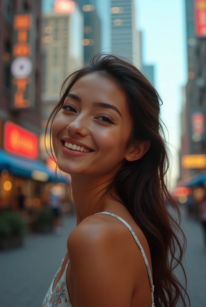 Picture, best quality, a woman in the city , photo of beautiful AHAcasual, smiling, looking at viewer, perfect face, perfect eyes, sharp focus, Intricate, High Detail, dramatic, photorealistic,