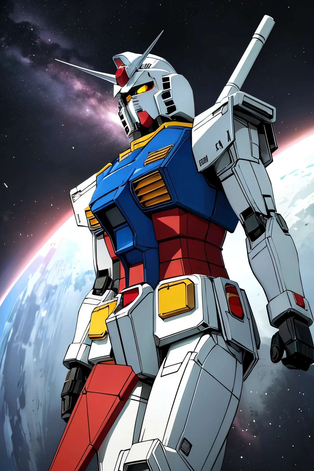 （（（Highest quality、first class、masterpiece、Normal body、8k、Detailed face、Ultra-precision、normal hand、Normal refer to、５refer to、Highest）））、Gundam、Gundam、RX-78、Mobile Suit、Humanoid general-purpose mobile weapon、Tricolor color、Twin Mono Eye、universe、上にビームライフルを撃つ