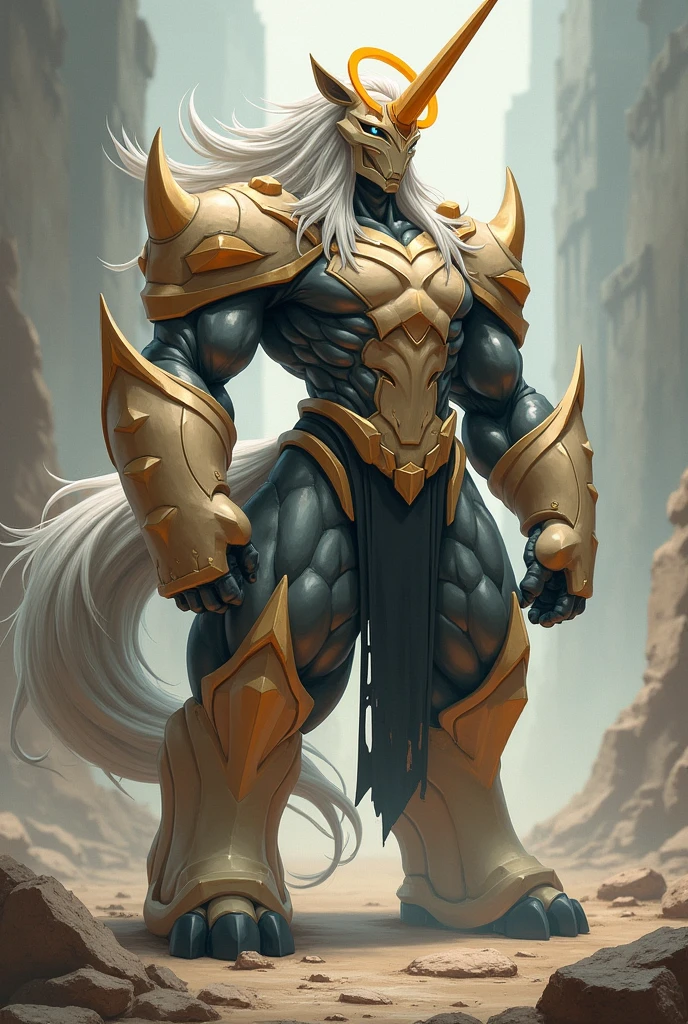 Character inspired by a unicorn with a unicorn body unicorn hair a unicorn tail that is beige mixed with black and gray two unicorn arms beige mixed with black and grayish two unicorn legs a unicorn horn with an orange ring decorated with gold disappointed is a dangerous fighter side and who is this standing